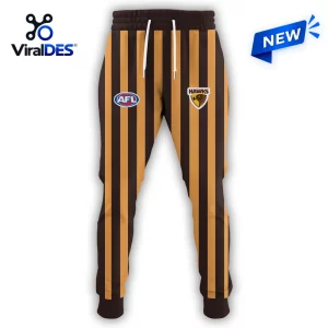 Hawthorn Hawks 2026 Signature Team joggers featuring vertical brown and gold stripes, AFL logo, and Hawks team emblem.