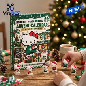 Front view of Hello Kitty x Starbucks Advent Calendar 2026 with small character figures on a table.