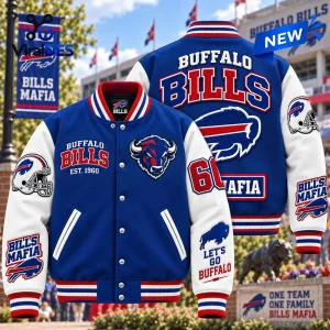 Front and back views of a blue and white NFL Buffalo Bills varsity jacket with embroidered logos and text.