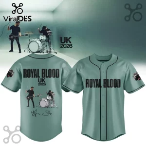 Royal Blood UK Tour 2026 Sage Green Baseball Jersey featuring band photography, black text, and button-down construction.