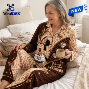 Personalized Minnie Mouse Leopard Pajama Set worn by a woman featuring brown leopard print, a Minnie Mouse graphic, and text.