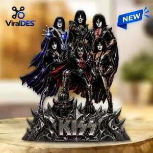 KISS Band Acrylic Plaque featuring all four members in signature makeup and costumes standing on a textured base.