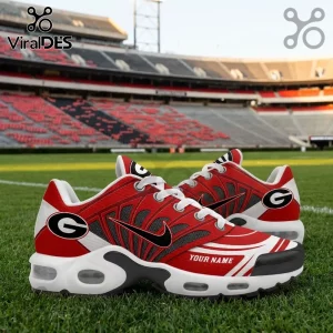 Georgia Bulldogs Custom Name Air Max Plus Running Shoes featuring red and white team colors on a stadium grass background.