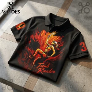 Tomb Raider 30th Anniversary Black Polo Shirt featuring Lara Croft, fire graphics, and a number 3 on the sleeve.