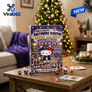 Front view of Hello Kitty x Baltimore Ravens Advent Calendar box on a wooden table with small toy figurines.