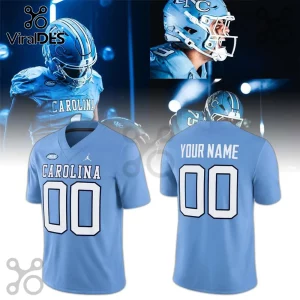 North Carolina Tar Heels Light Blue Custom Football Jersey with white block numbers and personalized name on the back.