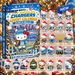 Front view of a Los Angeles Chargers themed Hello Kitty advent calendar with twenty-four miniature character charms.