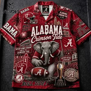 Alabama Crimson Tide Mascot Hawaiian Shirt featuring elephant graphic, stadium imagery, team logos, and text in red and white.