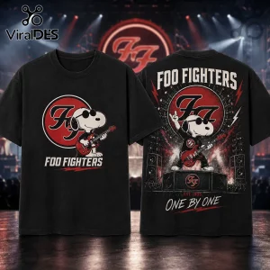 Foo Fighters x Snoopy One By One Shirt featuring a black t-shirt with Snoopy playing guitar in a red circular logo.