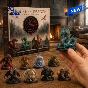 Front view of the House of the Dragon advent calendar with miniature dragon figurines on a wooden table.