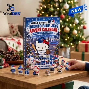 Front view of Hello Kitty Toronto Blue Jays Advent Calendar with mini figures on a table.