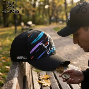 Detroit Lions NFL Crucial Catch Black Hat featuring a white lion logo and multicolor brushstroke accents on a park bench.