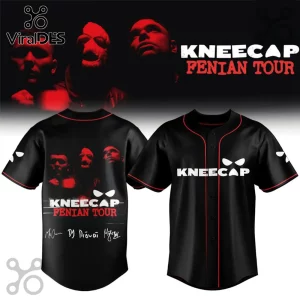 Kneecap Fenian Tour Signature Baseball Jersey featuring black fabric, red piping, band member portraits, and group signatures.