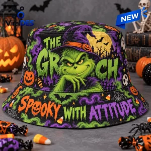 Front view of The Grinch Halloween Witch Hat Bucket Hat with spooky purple and green graphics.