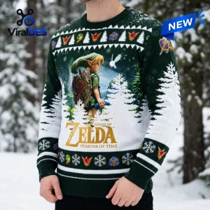 Front view of a green and white Christmas sweater featuring a fantasy character graphic and Ocarina of Time logo.