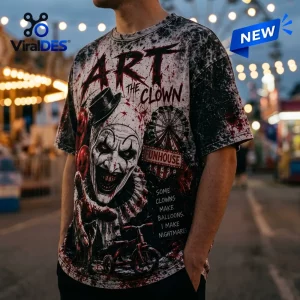 Front view of an Art the Clown Smile Horror Shirt with graphic print worn outdoors.