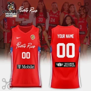Puerto Rico Basketball 2026 FIBA Women World Cup Red Jersey featuring a custom name and number template on a sleeveless top.