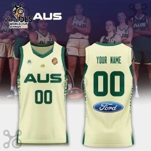 Australia Basketball 2026 FIBA Women World Cup cream jersey with green trim, Aus text, and customizable player number 00.