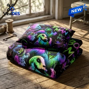 Folded Oogie Boogie Glow in the Dark Bedding Set on a wooden floor.