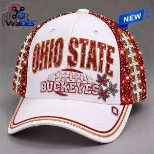 Front view of an Ohio State Buckeyes rhinestone white baseball cap featuring red and gold sequin side panels.