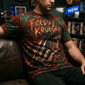 Freddy Krueger Fire Claw Shirt featuring a dark green and red weathered pattern with metallic blade glove graphics.