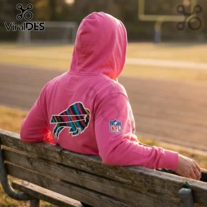 Buffalo Bills 2026 NFL Crucial Catch Pink Hoodie featuring a multi-colored striped buffalo logo on the back.