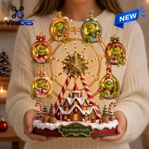 Personalized The Grinch Christmas Ferris Acrylic Light Box with six character-filled gondolas and custom family names.