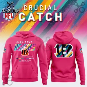 Cincinnati Bengals Crucial Catch Intercept Cancer hoodie in bright pink with team logo and NFL branding on front and back.