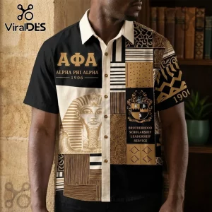 Alpha Phi Alpha Fraternity 1906 Heritage Short Sleeve Shirt with pharaonic graphics, gold lettering, and crest on black.