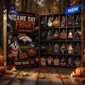 Front view of Denver Broncos Game Day Fright Halloween Advent Calendar open with 24 spooky ornaments.
