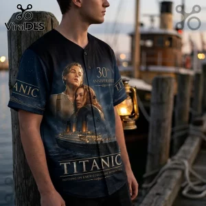 Titanic 30th Anniversary The King Of The World baseball jersey with Jack and Rose film scene graphic on dark blue fabric.