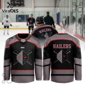 Wheeling Nailers ECHL Black Grey Alternate Hockey Jersey with team logo, red trim, and lace-up neck collar on hockey rink.
