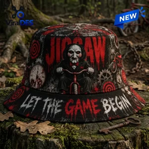 Front view of the Jigsaw Let The Game Begin Horror Bucket Hat featuring a puppet riding a tricycle design.