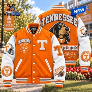 Front and back view of the Tennessee Volunteers Orange Baseball Bomber Jacket featuring hound graphic.