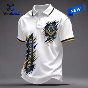 Front view of a white polo shirt featuring a Freemasonry square and compasses symbol with distressed blue and gold art.