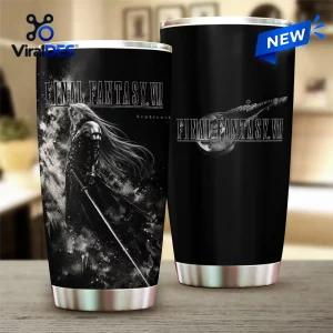 Final Fantasy VII Black Sephiroth Stanley Tumbler features a silver sword graphic and character portrait on black steel.