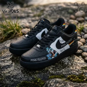 Pink Floyd The Wall Dark Side of the Moon Air Force 1 Sneakers in black with brick patterns and prism graphics on rock.