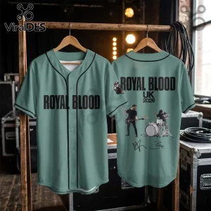 Royal Blood UK Tour 2026 Sage Green Baseball Jersey with black trim and graphic band print on the back.