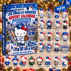 Front view of a Hello Kitty x Los Angeles Dodgers advent calendar featuring 24 miniature collectible figurines.