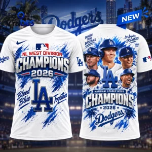 Front and back view of the Los Angeles Dodgers 2026 NL West Division Champions Shirt featuring blue player graphics.