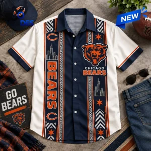 Front view of a Chicago Bears skyline button down Hawaiian shirt featuring a bear logo and navy and white stripes.