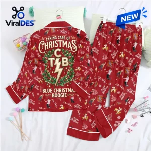 Elvis Presley Santa Baby Red Satin Pajama Set featuring holiday patterns with the King of Rock and Roll and text motifs.