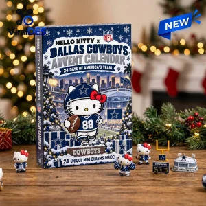 Front view of Hello Kitty x Dallas Cowboys 2026 Advent Calendar box with mini figurines.