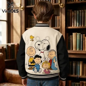 Peanuts Personalized Snoopy Emma Varsity Jacket features Snoopy, Charlie Brown, and friends on a white and black bomber.