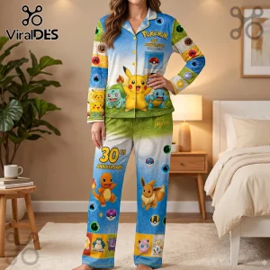 Pokemon 30th Anniversary Pikachu Pajama Sleepwear Set featuring Pikachu, Bulbasaur, and Squirtle on a blue and green print.