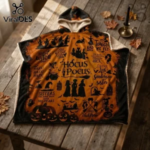 Hocus Pocus Sanderson Sisters orange hooded blanket featuring movie quotes, witch silhouettes, and pumpkins on a wood table.