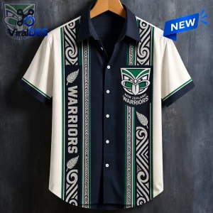 Front view of a New Zealand Warriors Maori pattern Hawaiian shirt with a central dark panel and green tribal motifs.