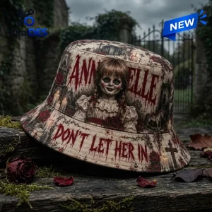 Front view of an Annabelle Horror Movie Bucket Hat featuring a creepy doll graphic and red text.