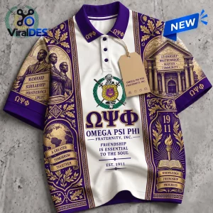 Front view of a purple and gold Omega Psi Phi Fraternity polo shirt featuring historical figures, a crest, and text.