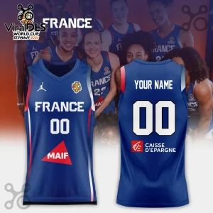 France Women's Basketball 2026 FIBA World Cup blue jersey showing front and back views with customizable name and number.